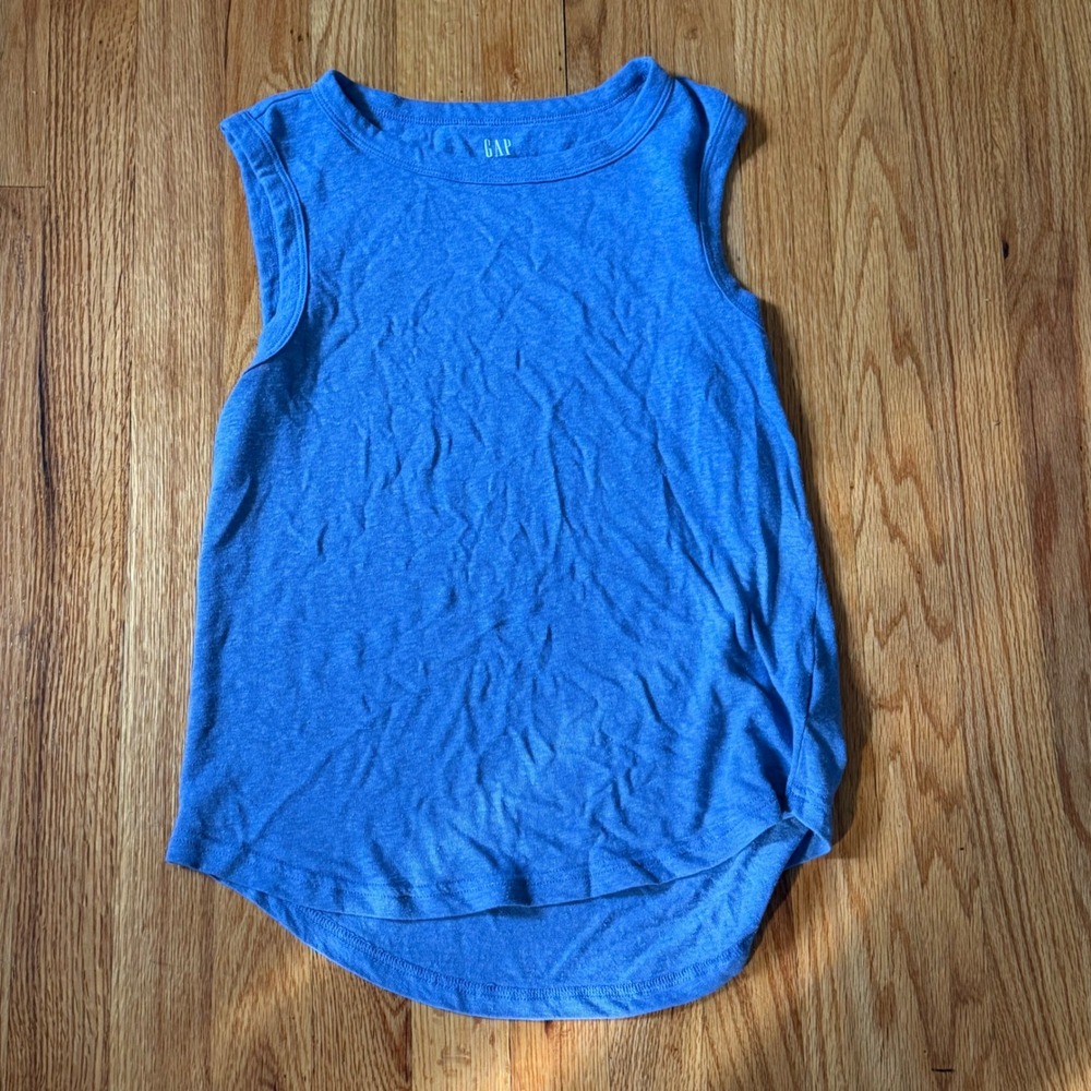 GAP Linen Blend Tank Top XS Blue Heather Sleeveless Muscle Tee Curved Hem